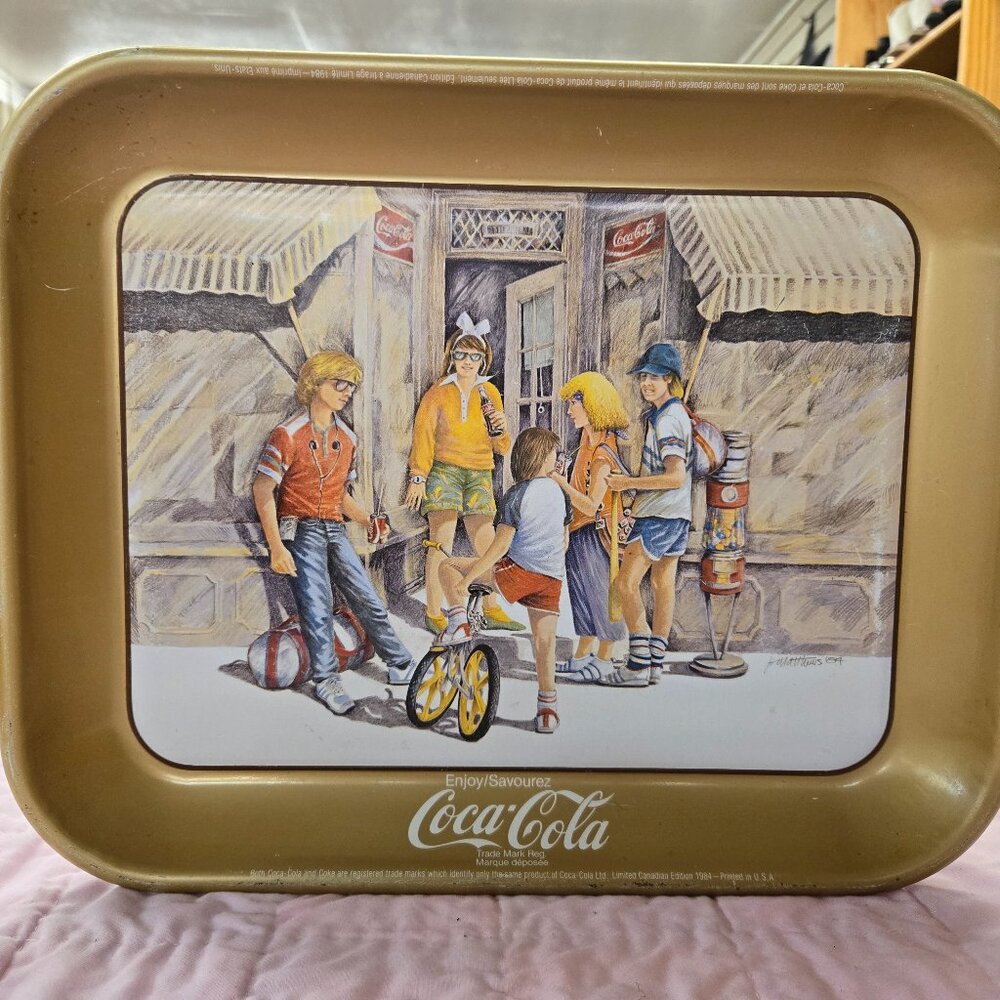 1984 tin metal coca-cola collectible tray kids teens on street corner